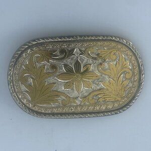 Vintage 80s Western Engraved Belt Buckle Gold and Silver Tone